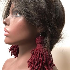 Cute Yarn Tassel Earrings in Maroon